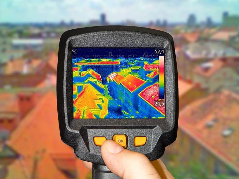 Cámara termográfica que muestra las pérdidas de calor en los tejados de varias casas