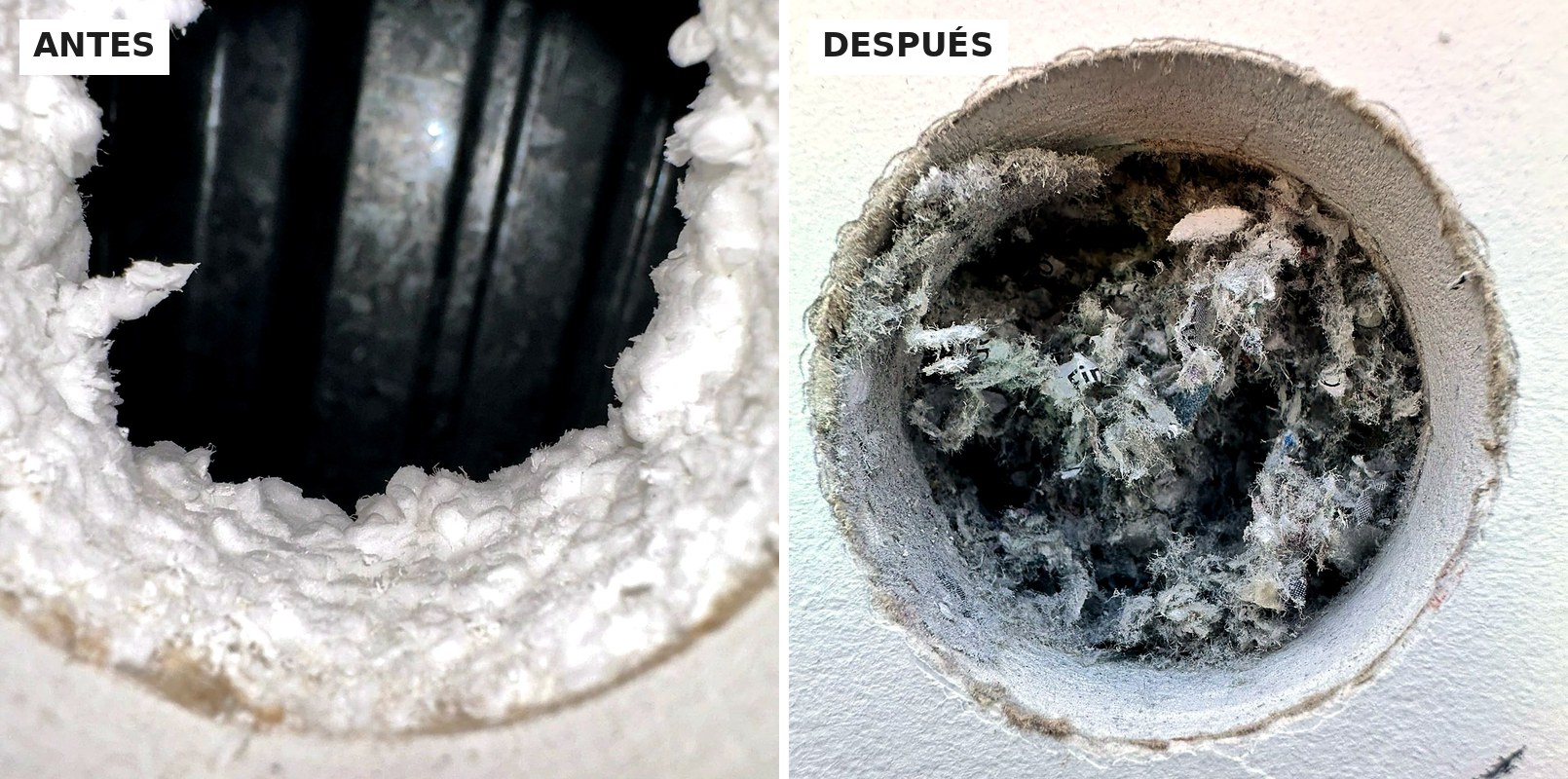 Interior de la cámara de aire visto desde un orificio: vacía antes del insuflado y rellena de aislante después